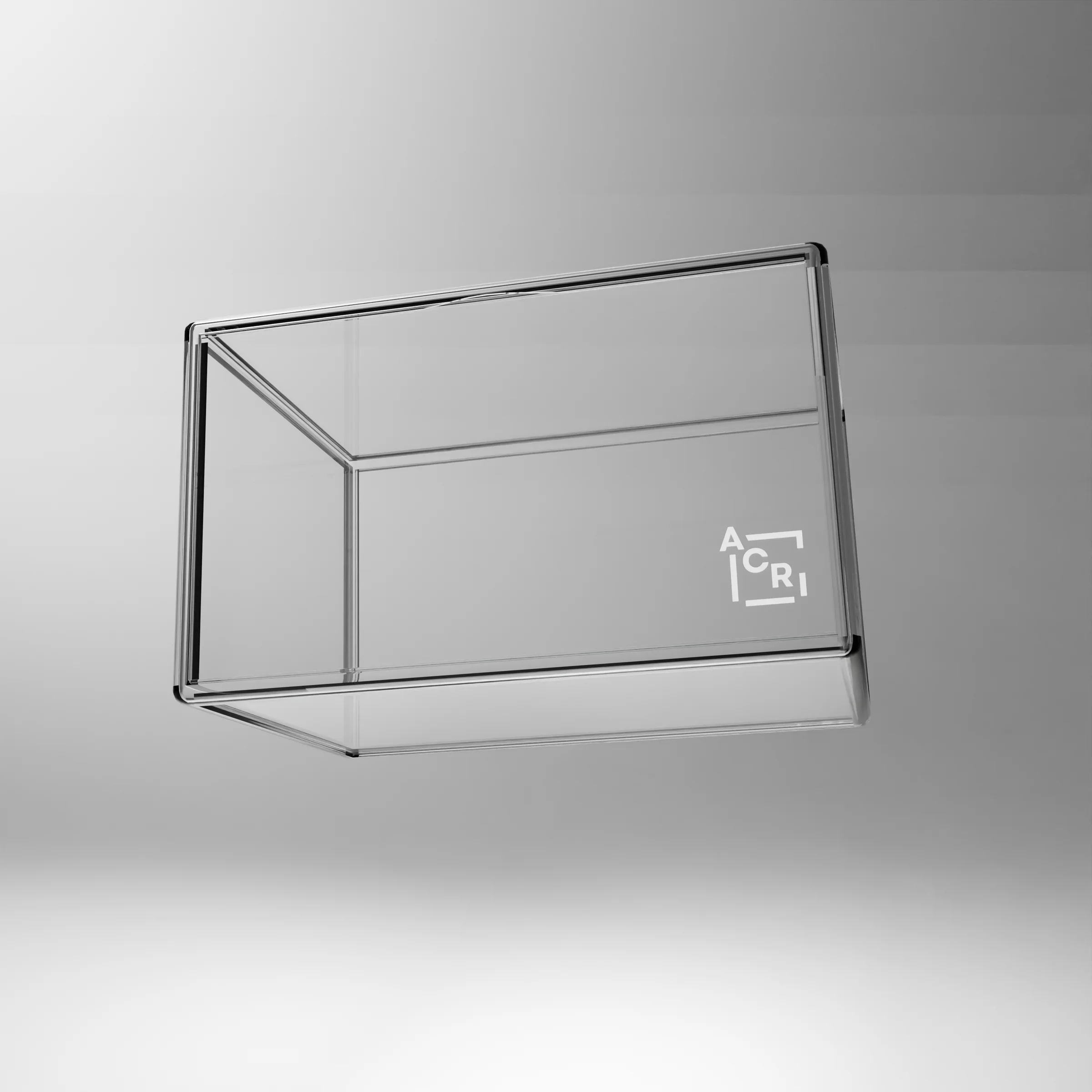 Minimal clear acrylic stand floating over a gray background