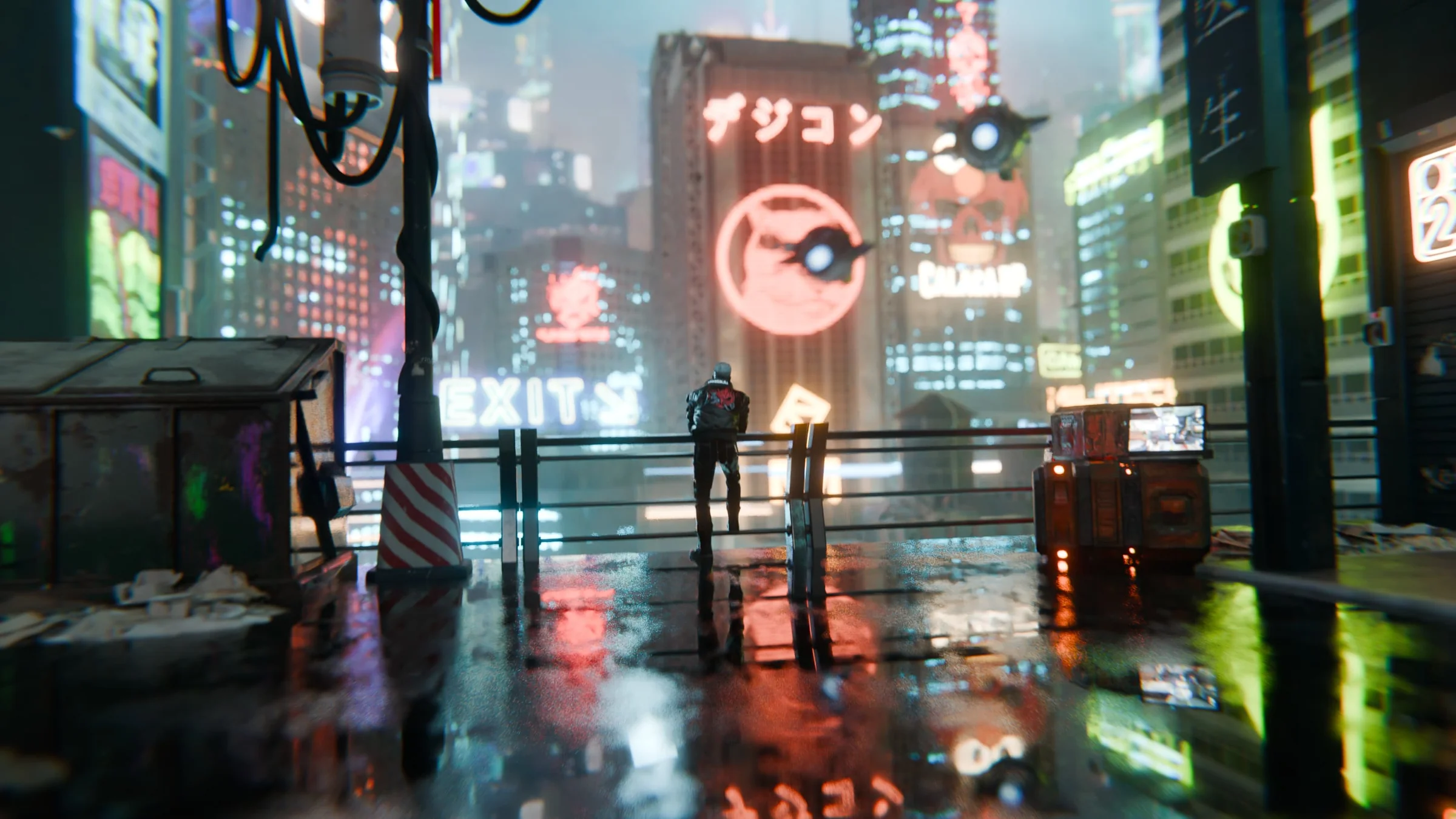 Rain-soaked cyberpunk city with neon signs and a lone figure