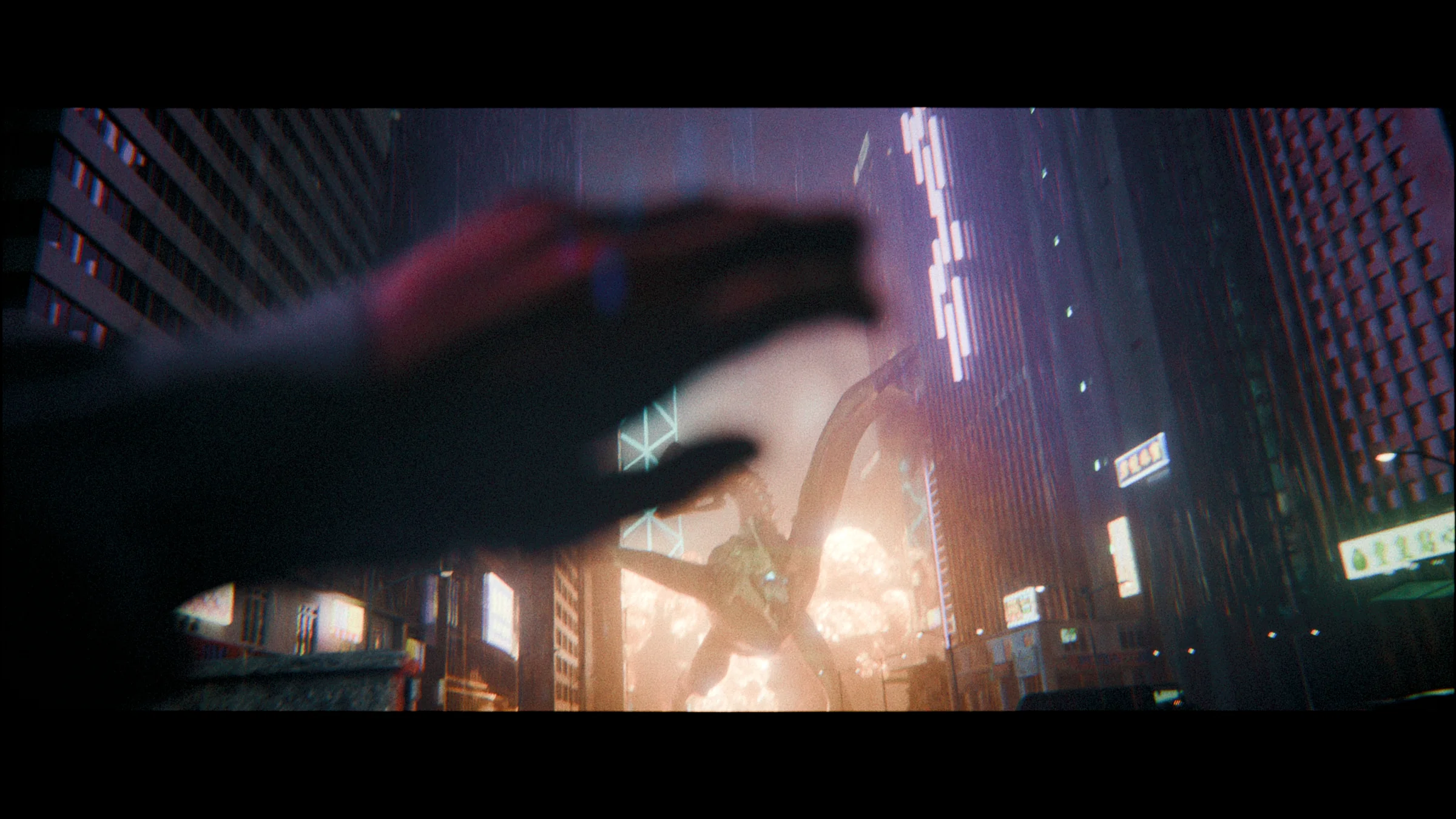 A gloved hand crossing a neon-lit city view